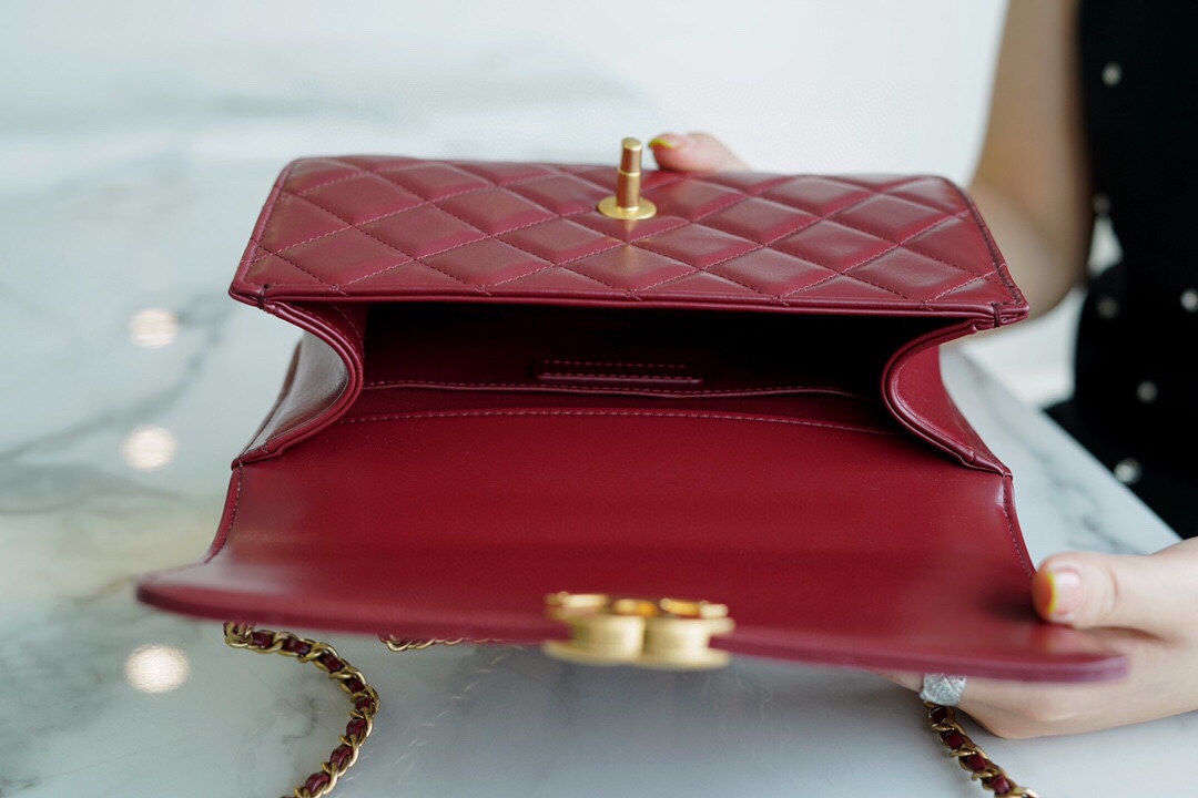 Chanel 2021 Double Gold Ball CF Mini 22cm Burgundy Calfskin  