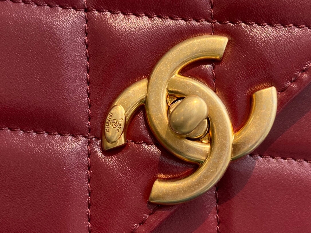 Chanel 2021 Double Gold Ball CF Mini 22cm Burgundy Calfskin  