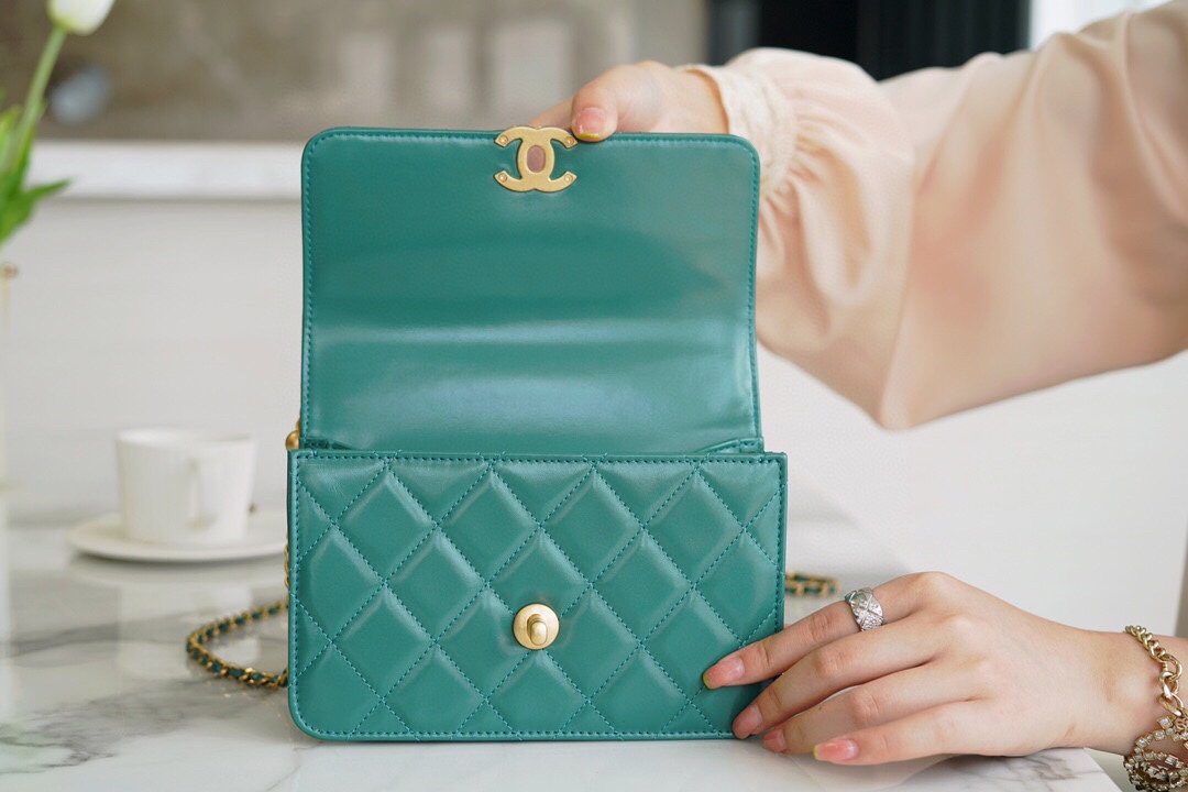 Chanel 2021 Mini Classic Flap in Vintage Green Glossy Calfskin  