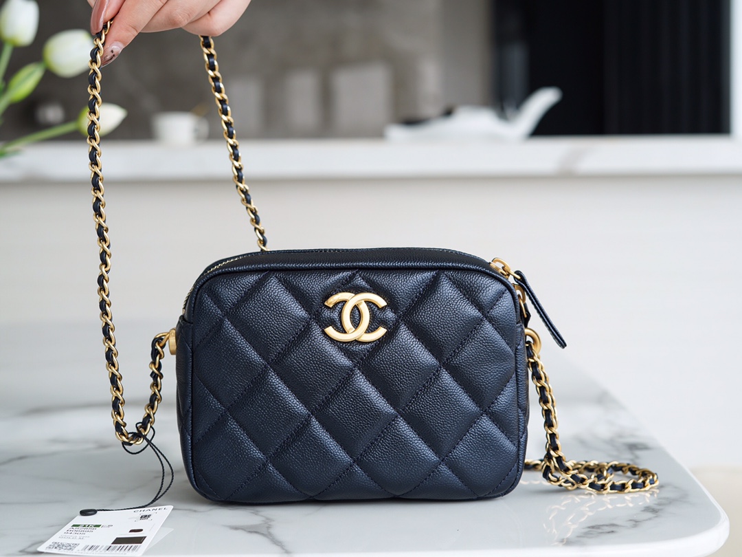 Chanel Bullet Shell Horizontal Camera Bag Pearlescent Black Blue Litchi Grain Calfskin  