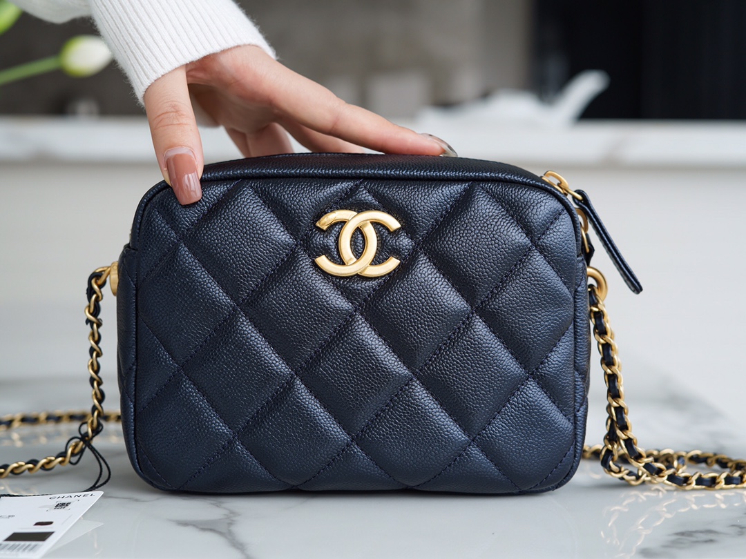 Chanel Bullet Shell Horizontal Camera Bag Pearlescent Black Blue Litchi Grain Calfskin  