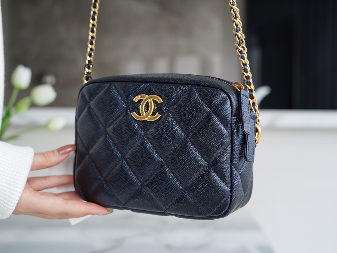 Chanel Bullet Shell Horizontal Camera Bag Pearlescent Black Blue Litchi Grain Calfskin  