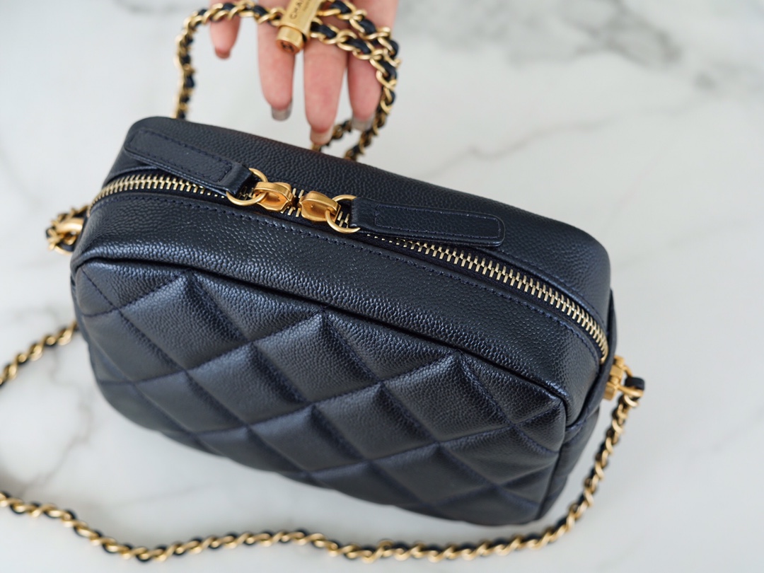 Chanel Bullet Shell Horizontal Camera Bag Pearlescent Black Blue Litchi Grain Calfskin  