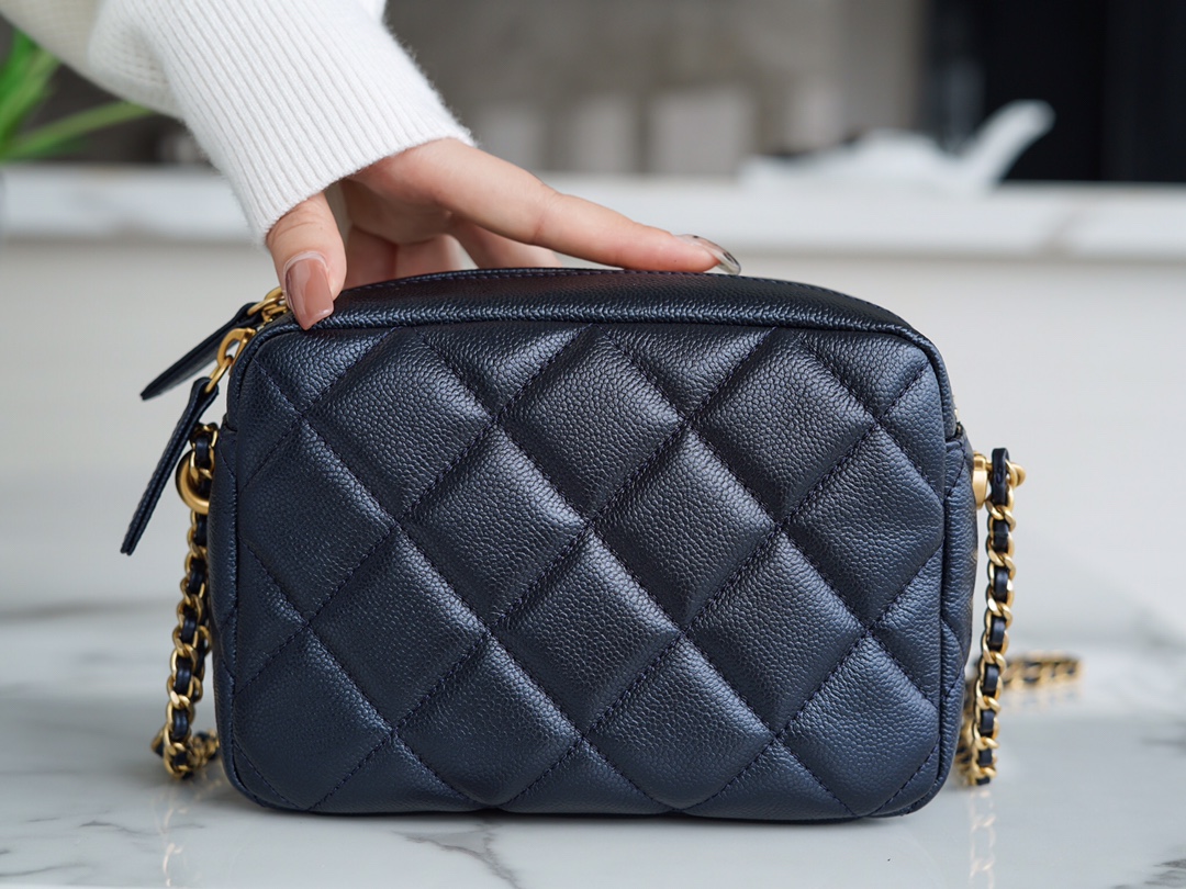 Chanel Bullet Shell Horizontal Camera Bag Pearlescent Black Blue Litchi Grain Calfskin  