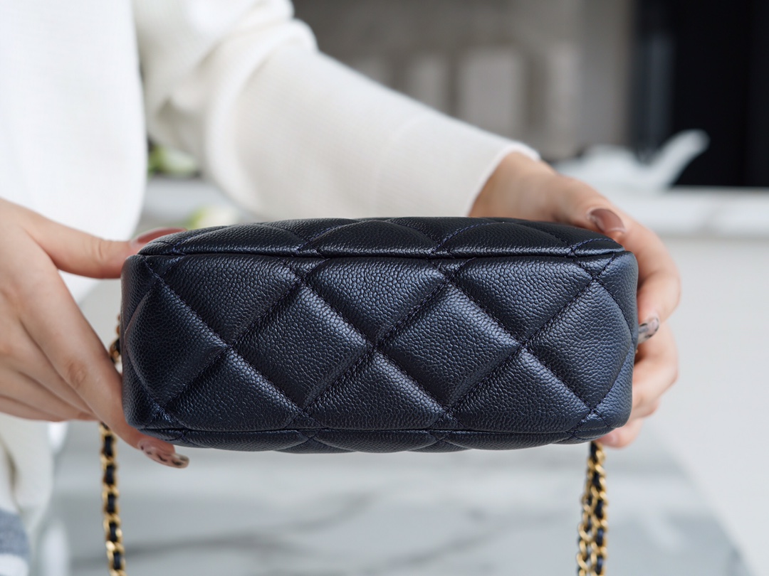 Chanel Bullet Shell Horizontal Camera Bag Pearlescent Black Blue Litchi Grain Calfskin  