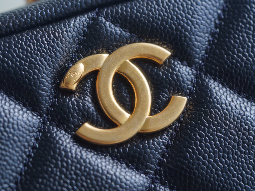 Chanel Bullet Shell Horizontal Camera Bag Pearlescent Black Blue Litchi Grain Calfskin  