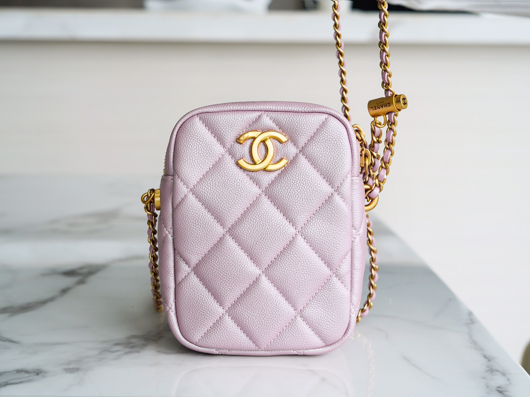 Chanel 21/22 Bullet Shell Vertical Camera Bag Pearlescent Pink Classic Quilted Litchi Grain Calfskin