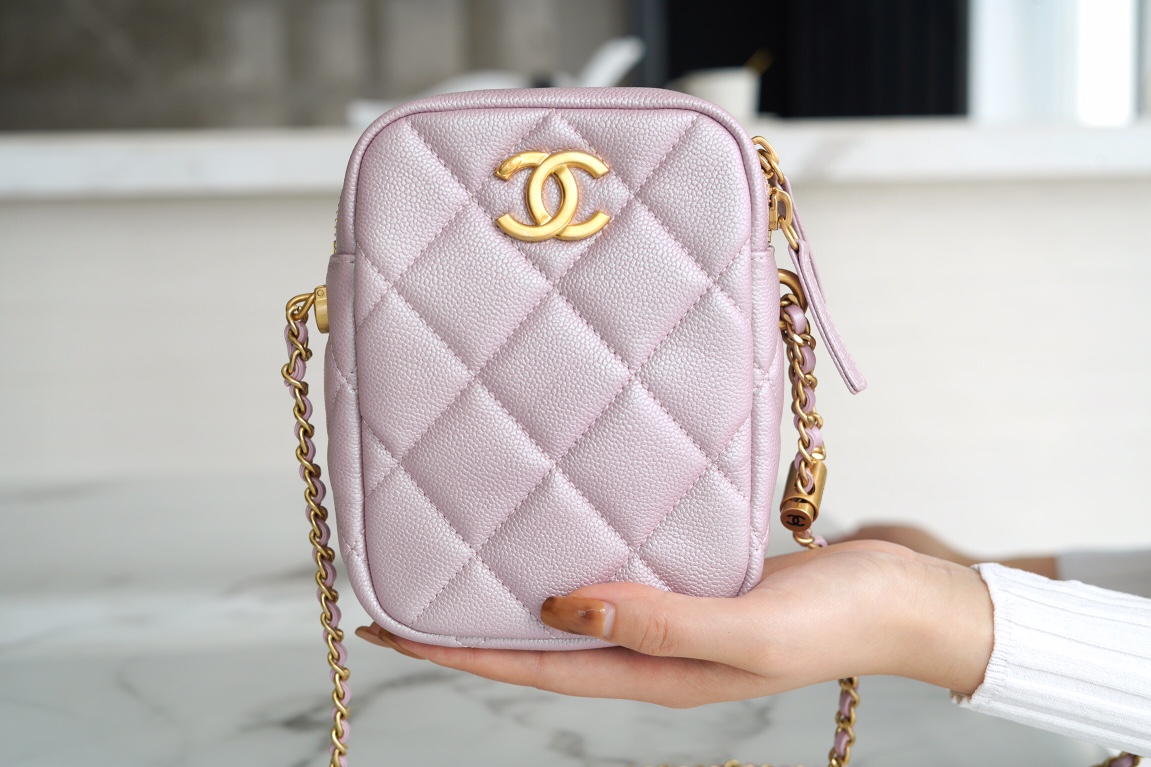 Chanel 21/22 Bullet Shell Vertical Camera Bag Pearlescent Pink Classic Quilted Litchi Grain Calfskin