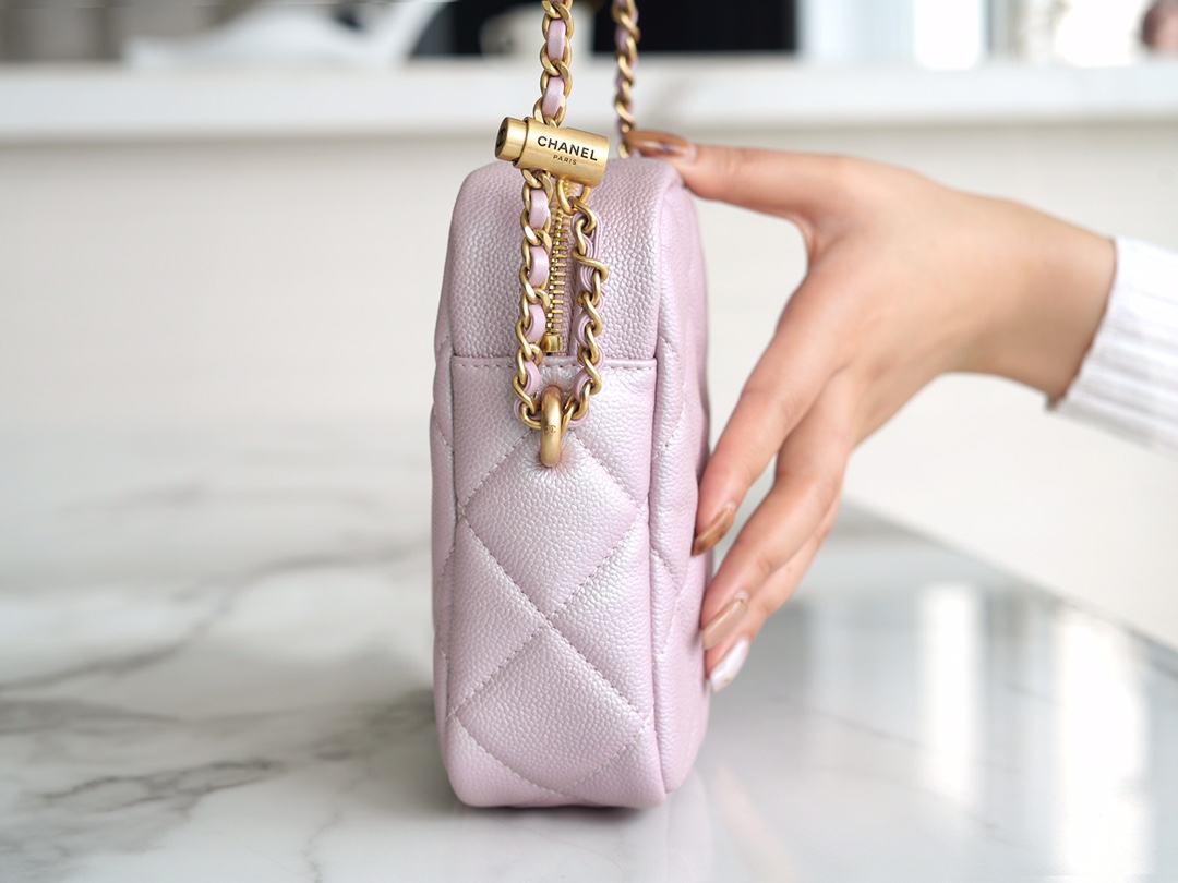 Chanel 21/22 Bullet Shell Vertical Camera Bag Pearlescent Pink Classic Quilted Litchi Grain Calfskin