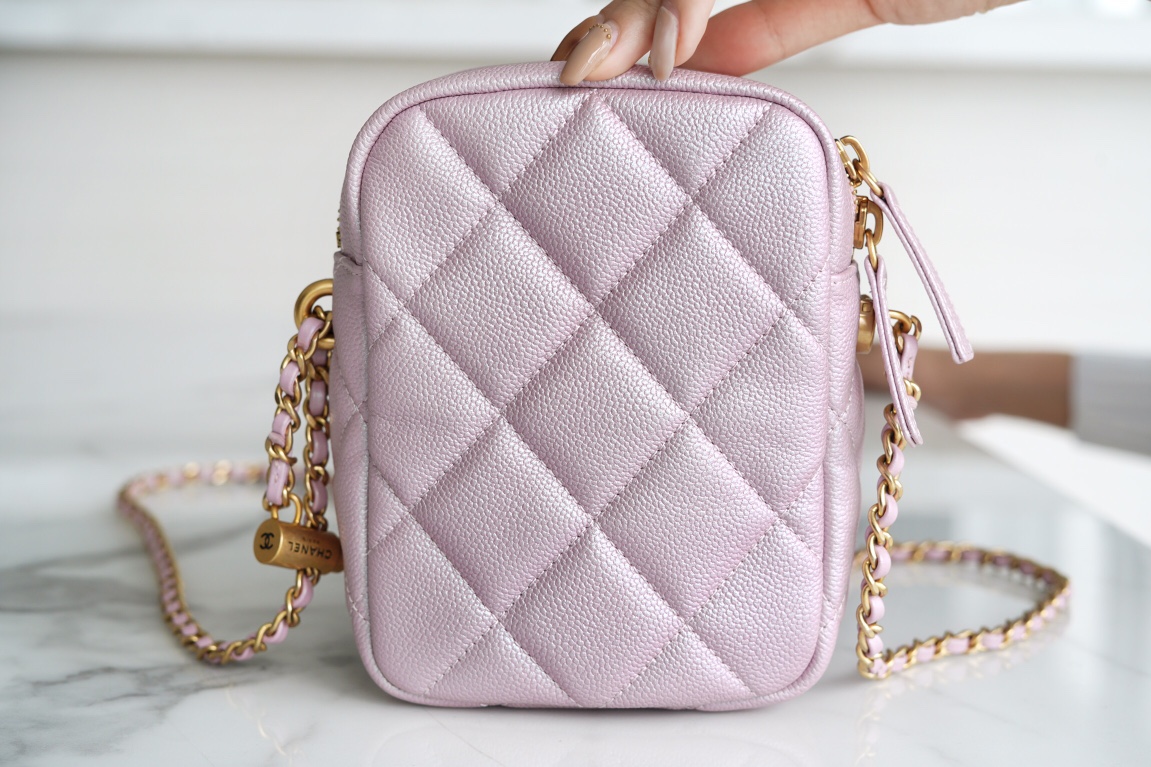 Chanel 21/22 Bullet Shell Vertical Camera Bag Pearlescent Pink Classic Quilted Litchi Grain Calfskin