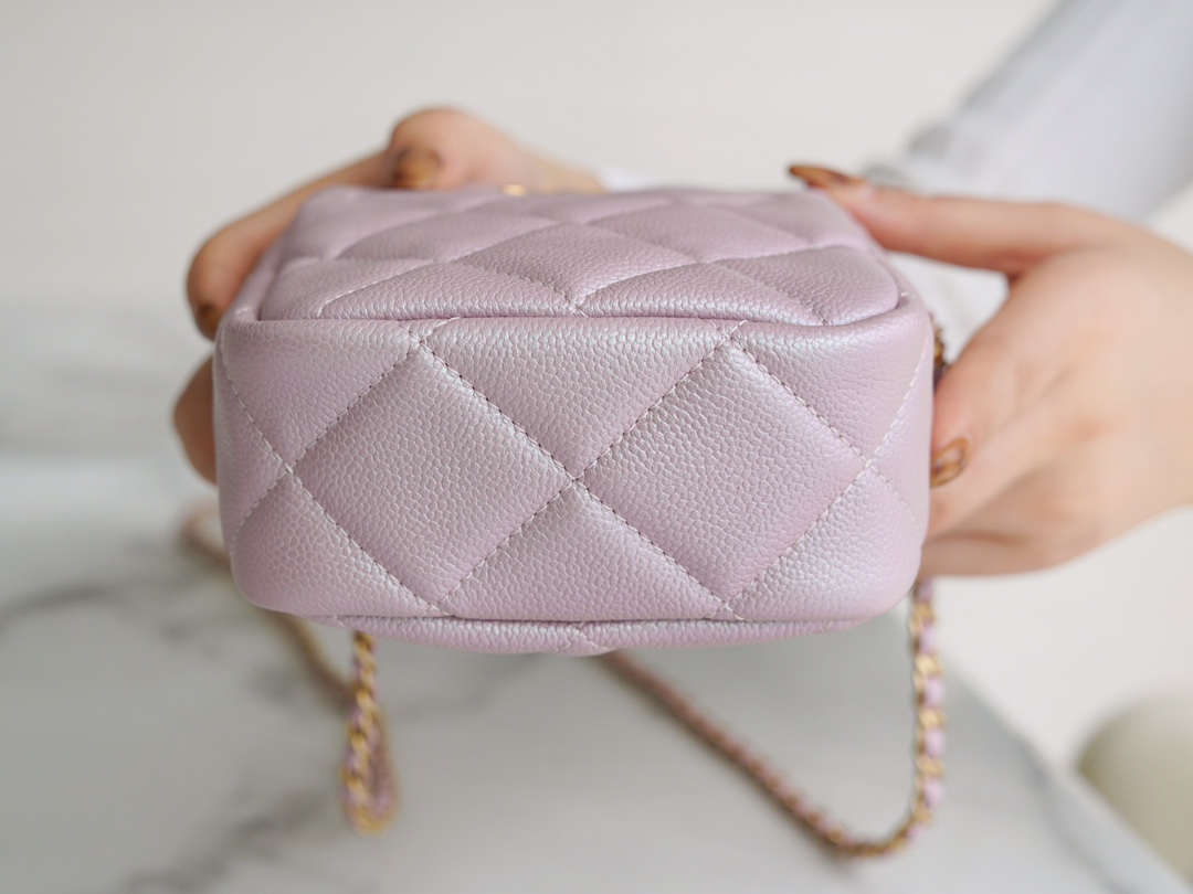 Chanel 21/22 Bullet Shell Vertical Camera Bag Pearlescent Pink Classic Quilted Litchi Grain Calfskin