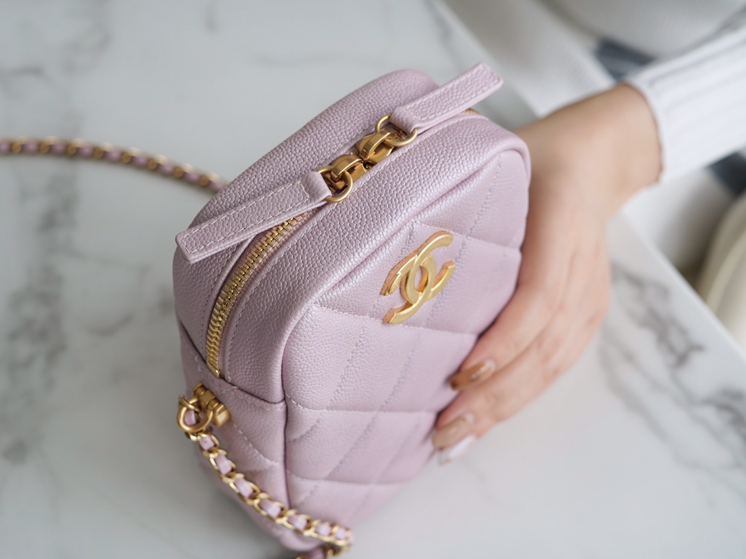 Chanel 21/22 Bullet Shell Vertical Camera Bag Pearlescent Pink Classic Quilted Litchi Grain Calfskin