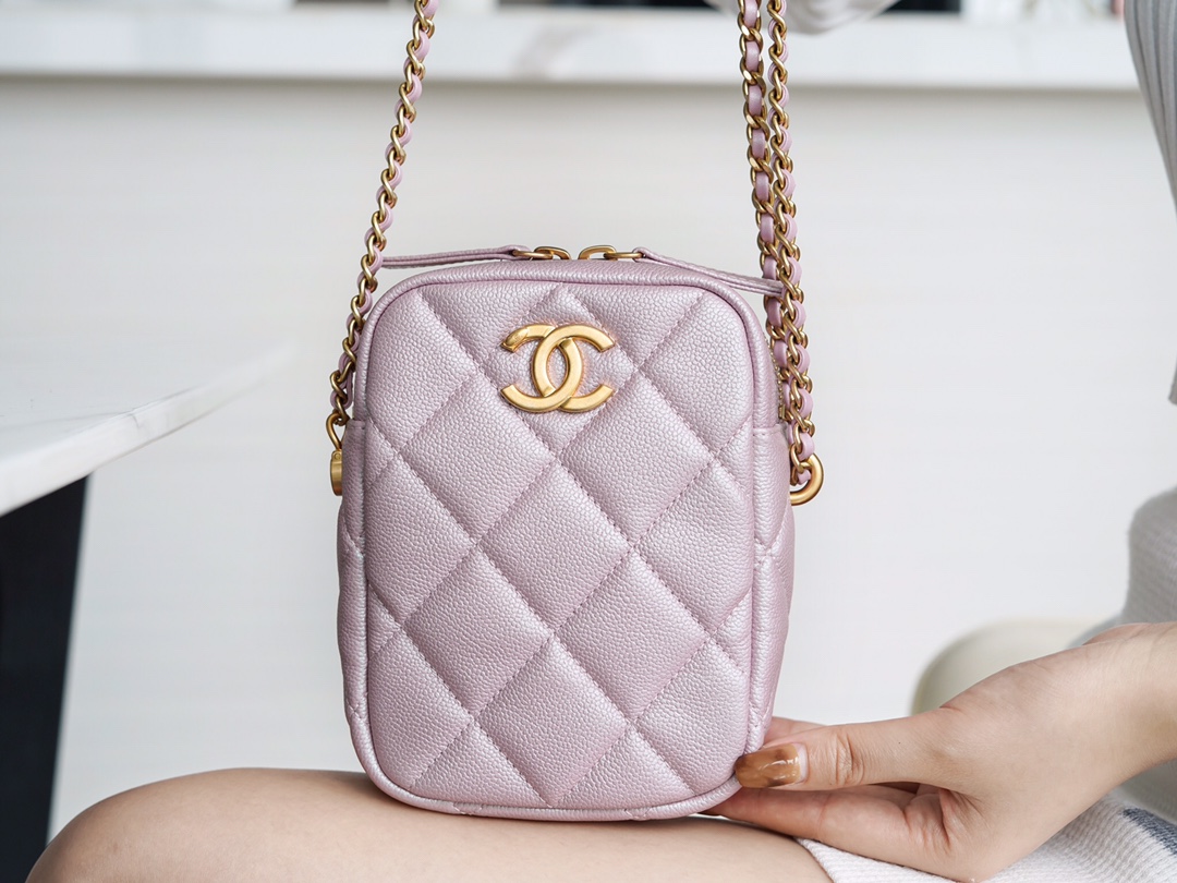 Chanel 21/22 Bullet Shell Vertical Camera Bag Pearlescent Pink Classic Quilted Litchi Grain Calfskin