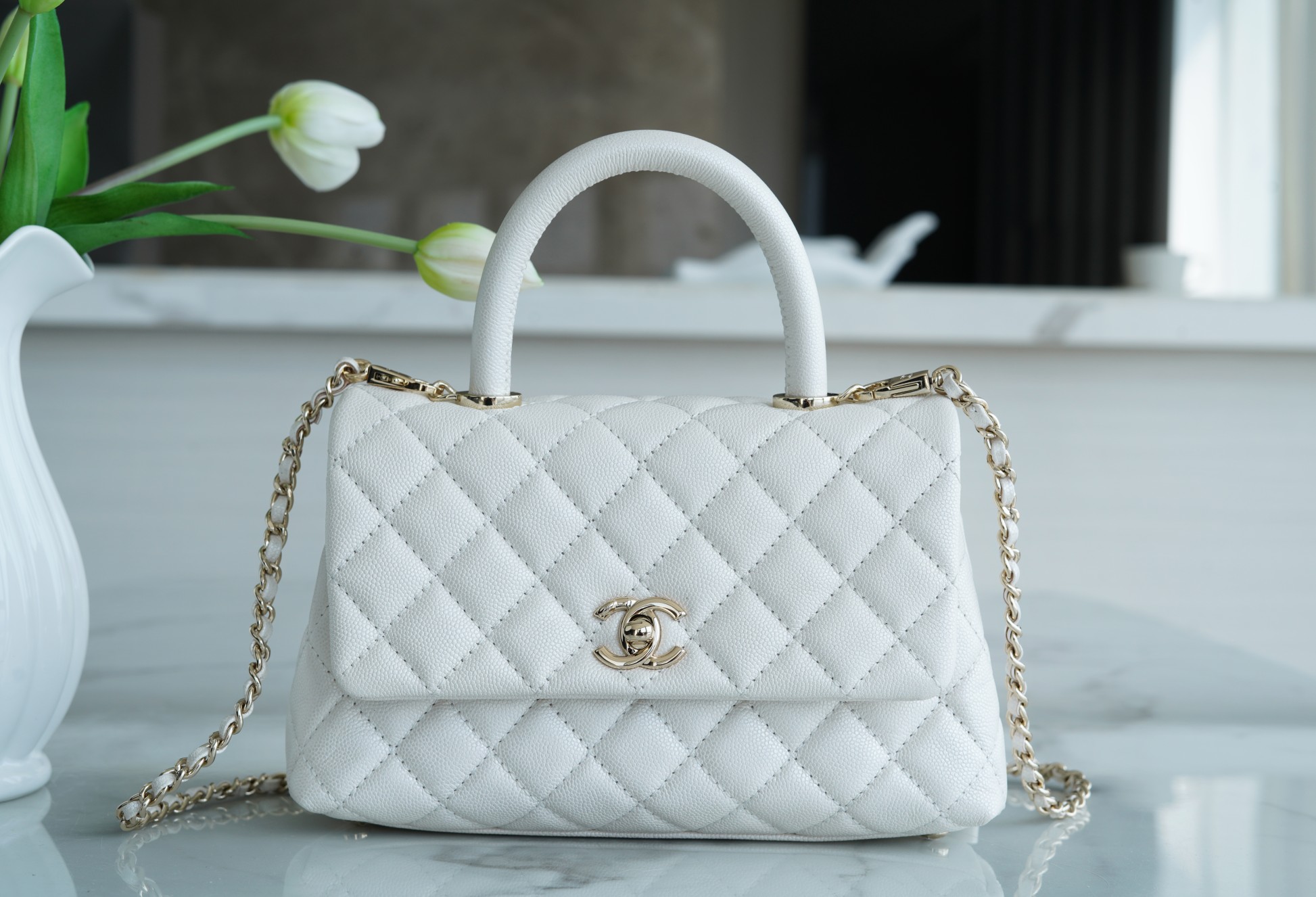 Chanel Coco Handle Small Handle in Pearl White Calfskin  