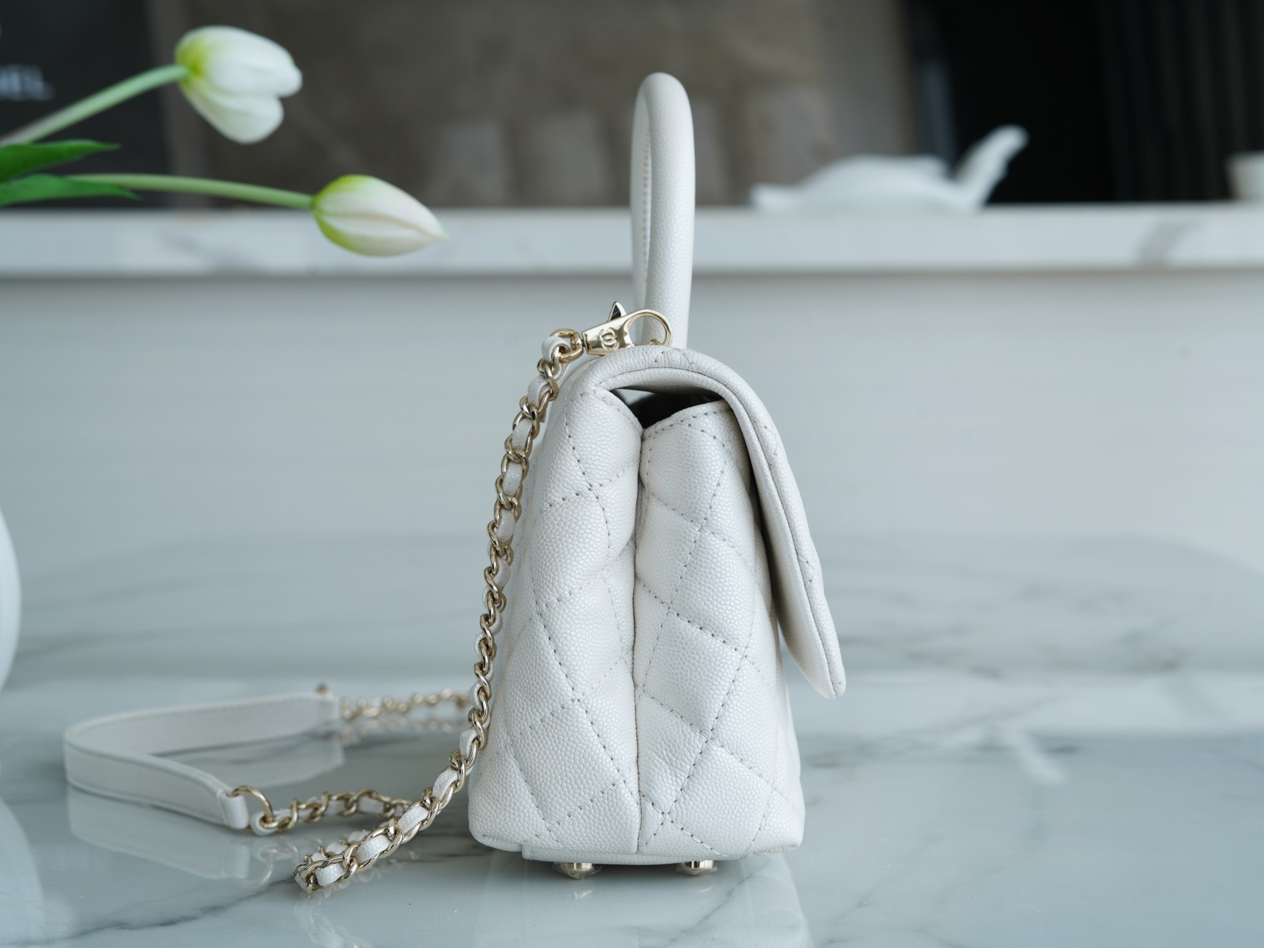 Chanel Coco Handle Small Handle in Pearl White Calfskin  