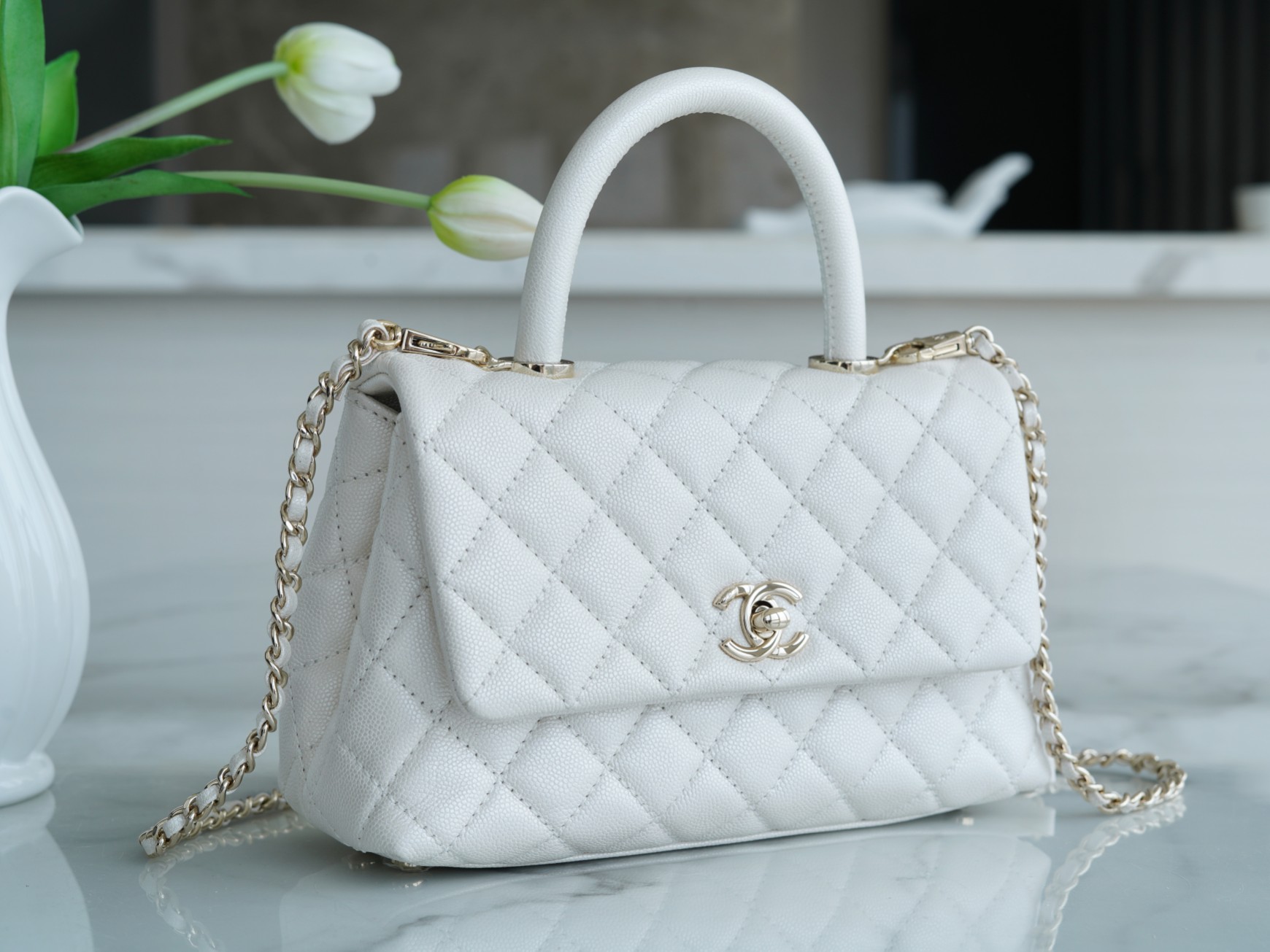 Chanel Coco Handle Small Handle in Pearl White Calfskin  