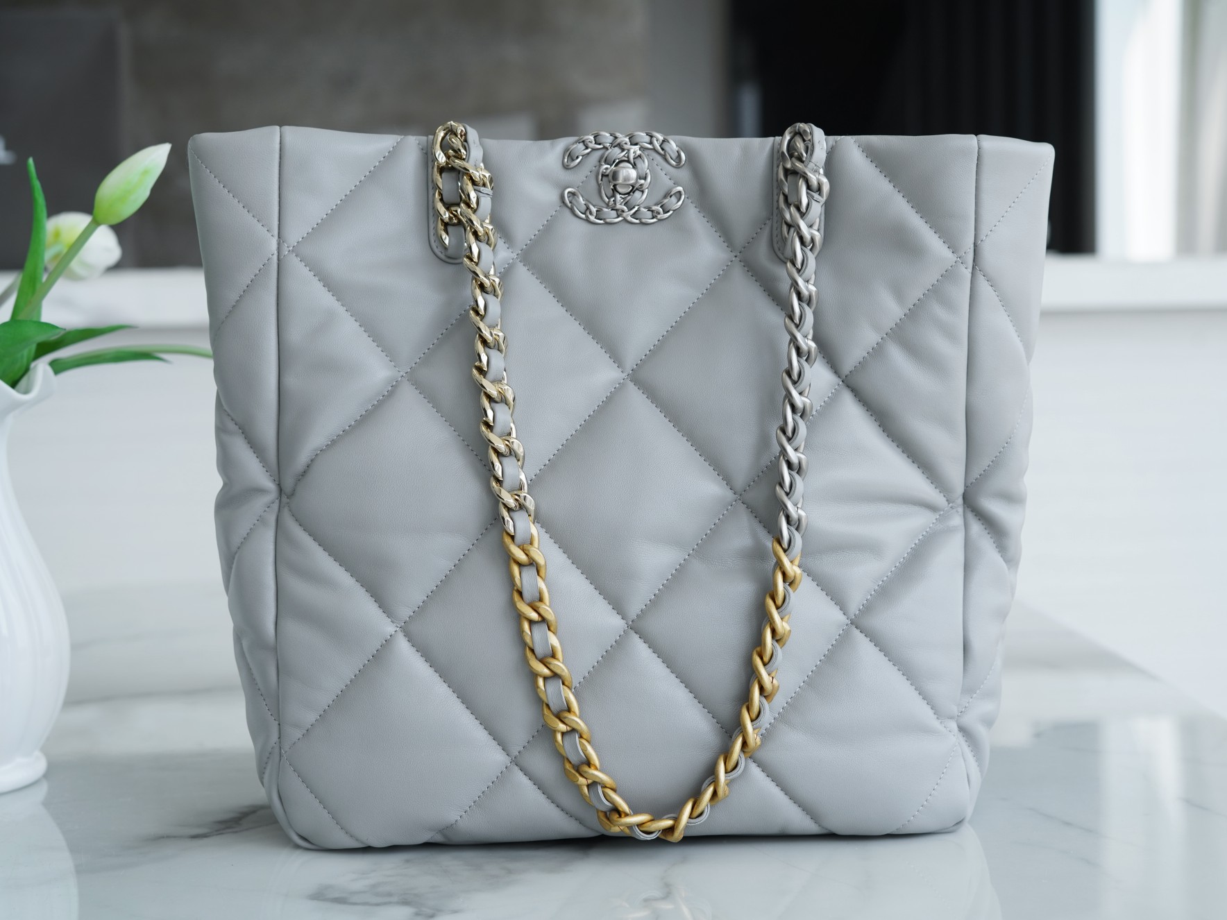 Chanel 22B 19 Bag Tote Light Grey and Silver Small Lambskin  