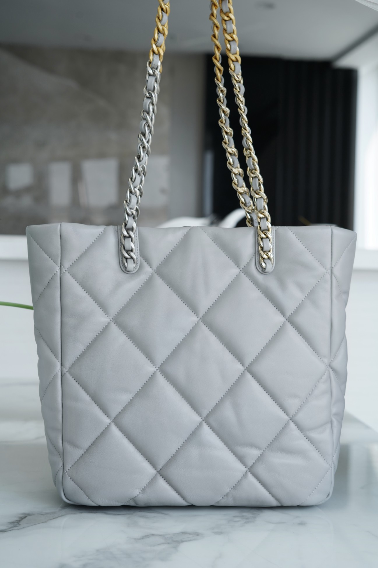 Chanel 22B 19 Bag Tote Light Grey and Silver Small Lambskin  