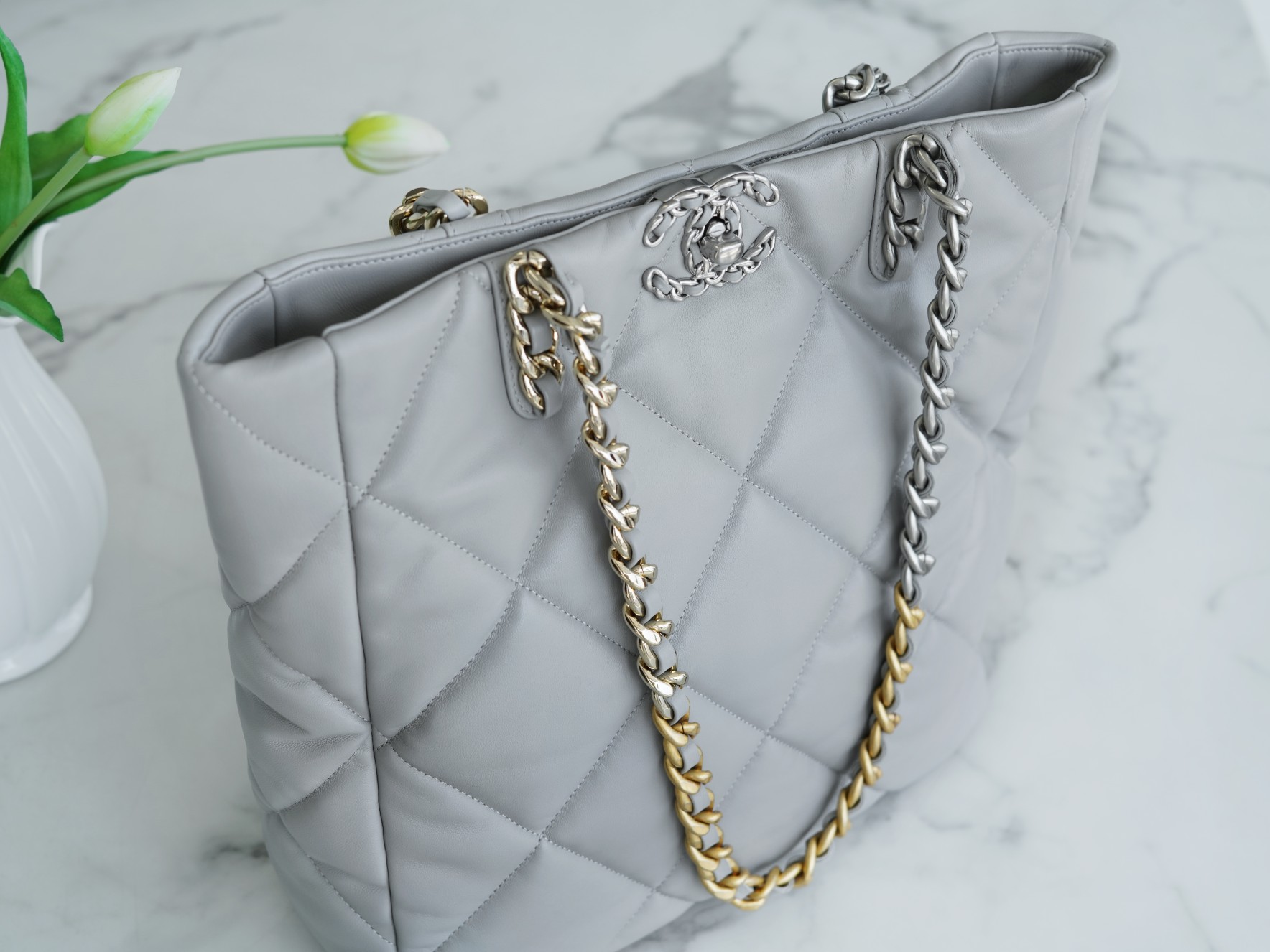 Chanel 22B 19 Bag Tote Light Grey and Silver Small Lambskin  