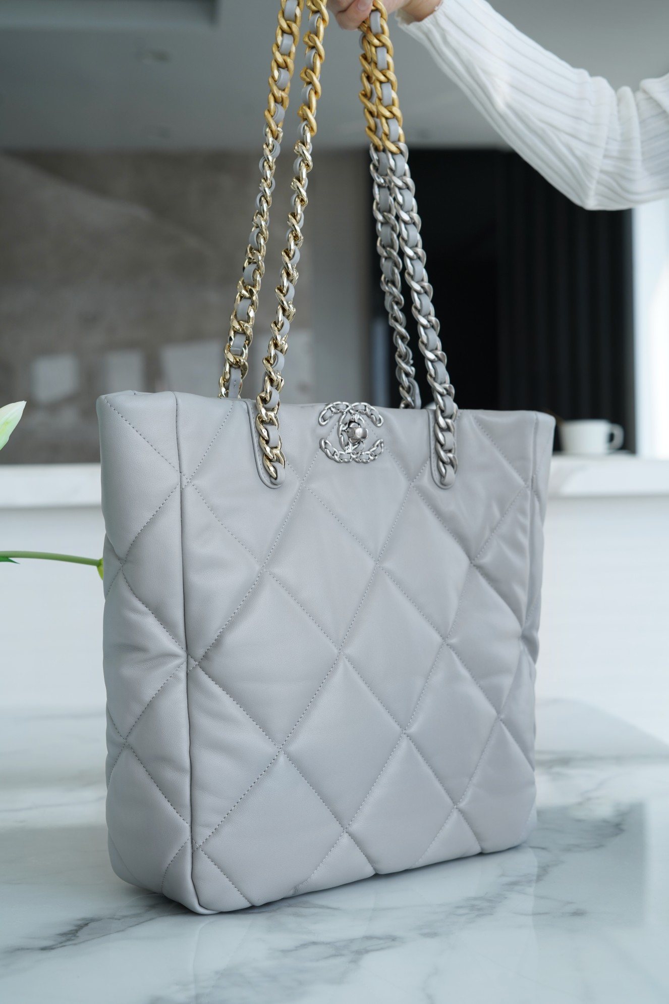 Chanel 22B 19 Bag Tote Light Grey and Silver Small Lambskin  