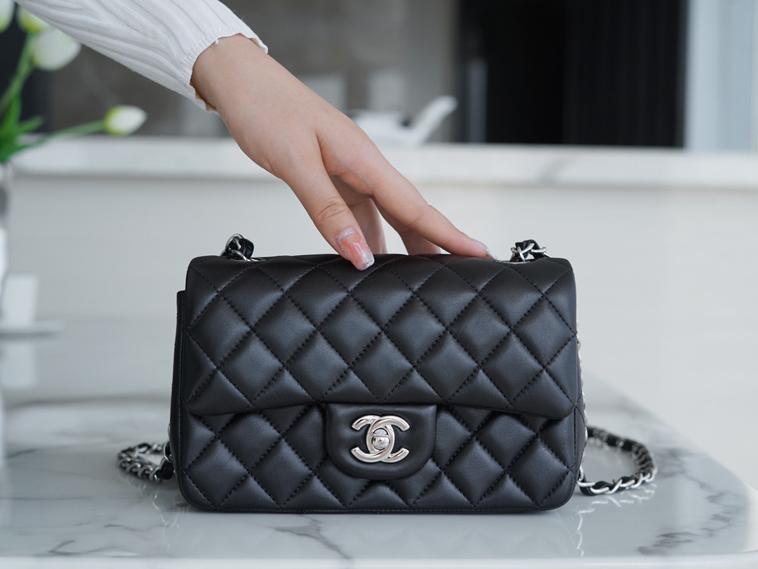 Mini Classic Flap in Black and Silver Small Lambskin  