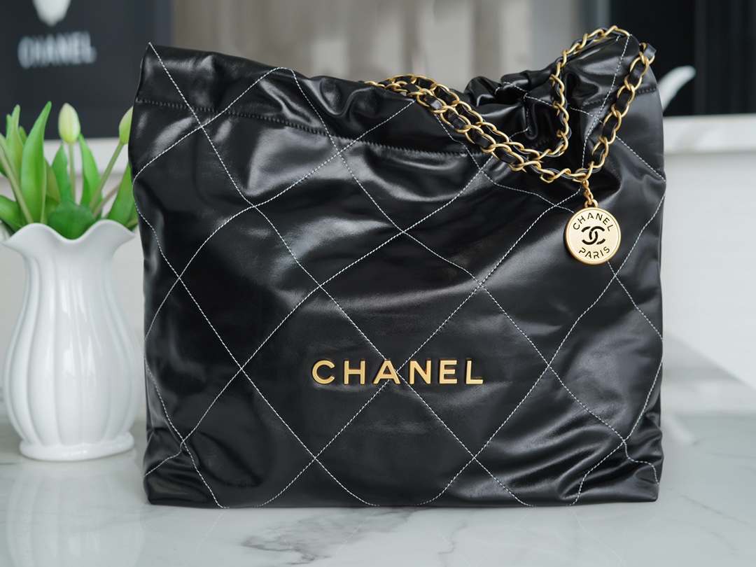 Chanel 23c 22 Bag Medium Black and Gold with White Stripe Glossy Calfskin  