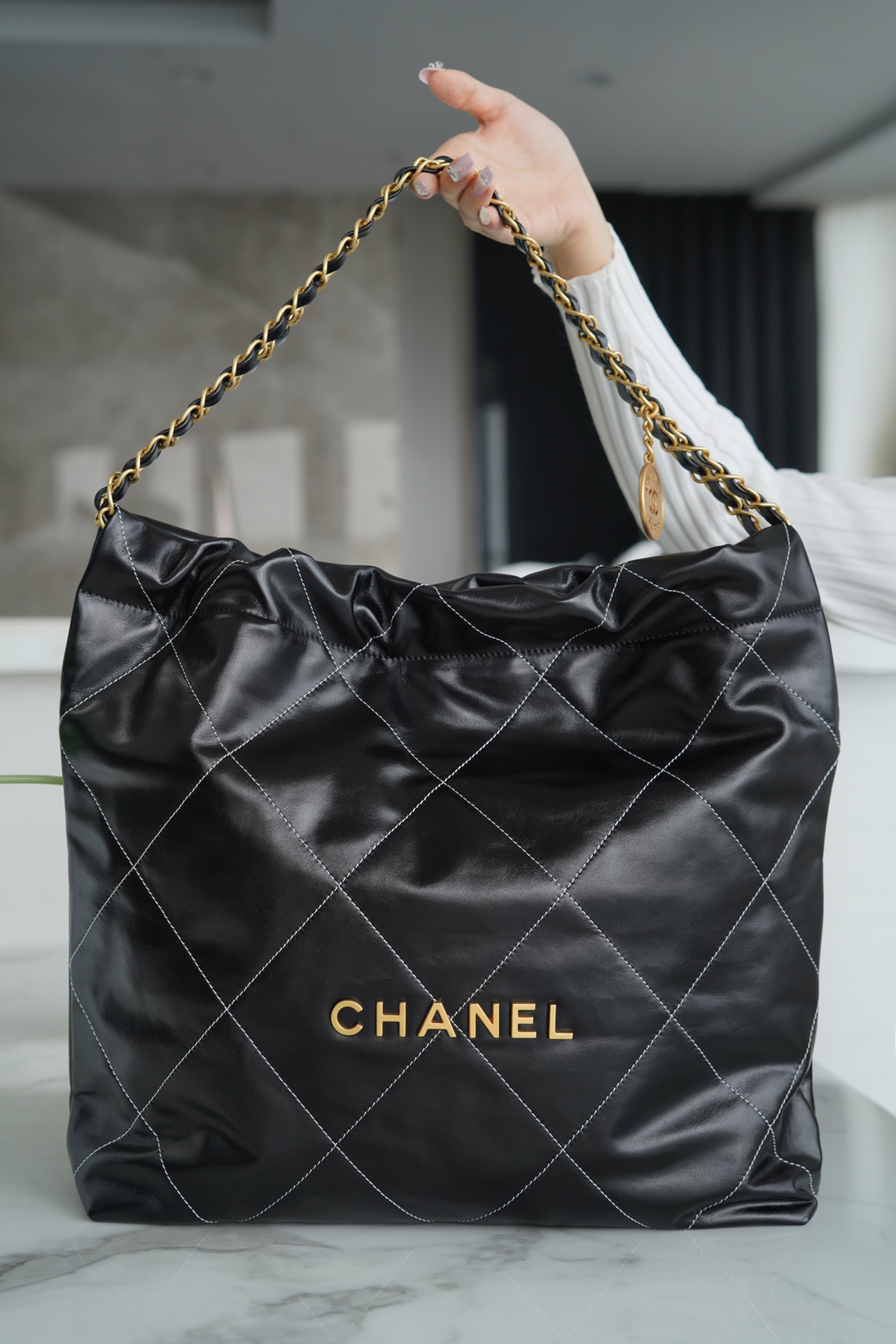 Chanel 23c 22 Bag Medium Black and Gold with White Stripe Glossy Calfskin  