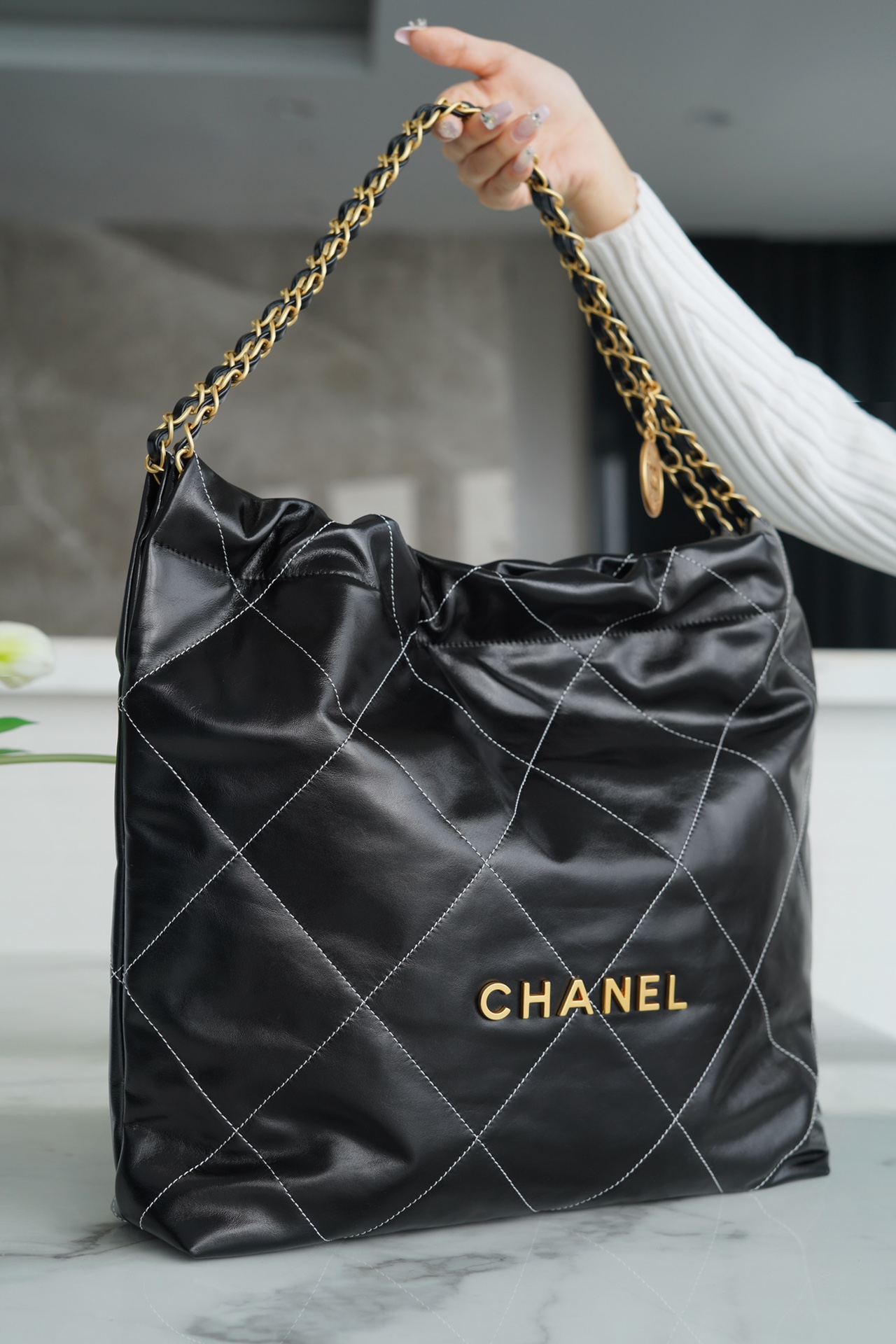 Chanel 23c 22 Bag Medium Black and Gold with White Stripe Glossy Calfskin  