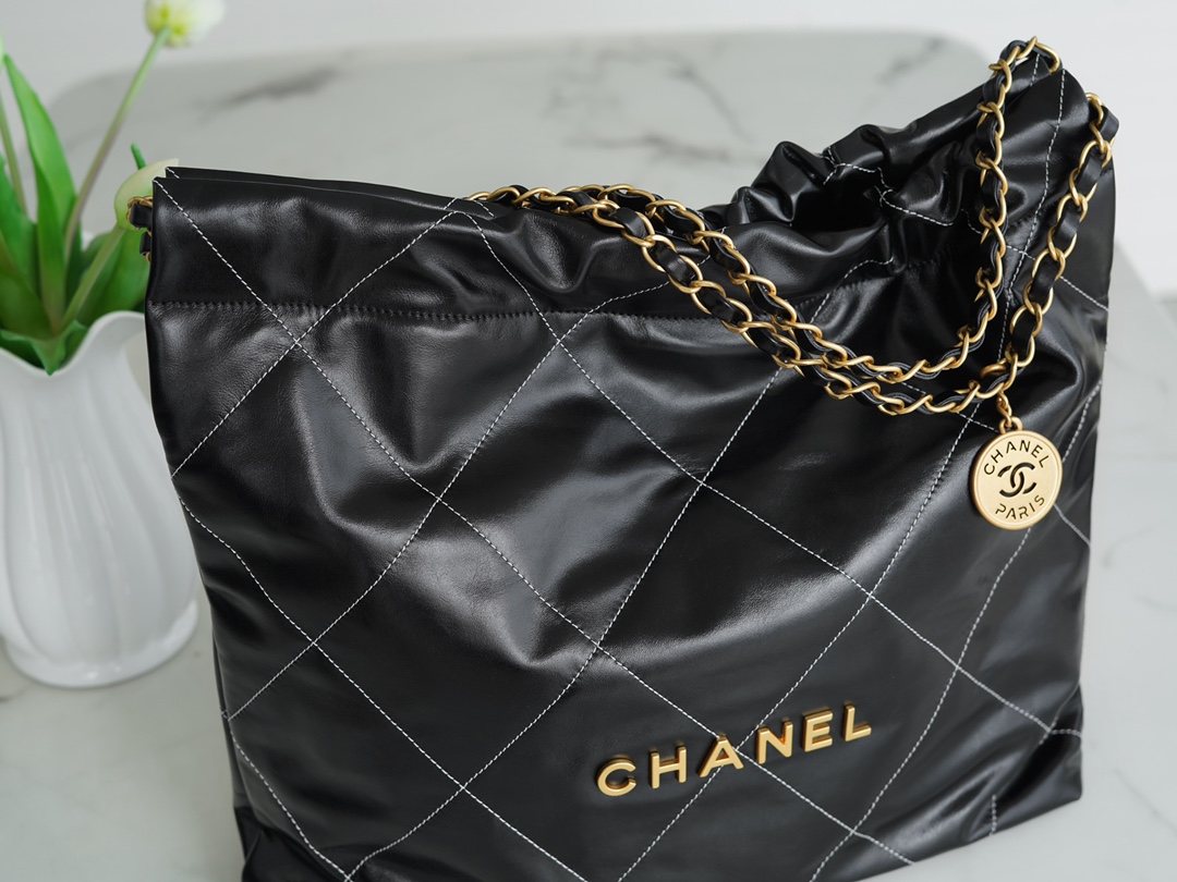 Chanel 23c 22 Bag Medium Black and Gold with White Stripe Glossy Calfskin  