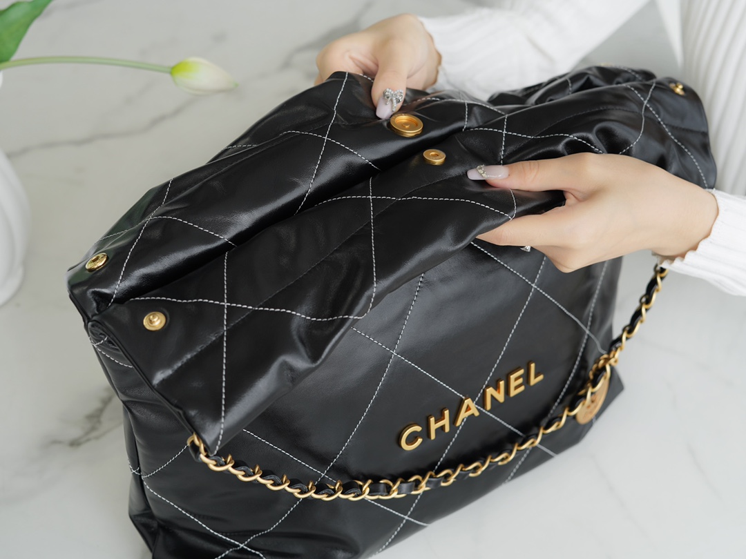 Chanel 23c 22 Bag Medium Black and Gold with White Stripe Glossy Calfskin  