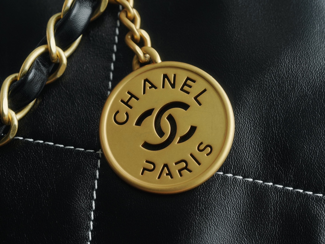 Chanel 23c 22 Bag Medium Black and Gold with White Stripe Glossy Calfskin  