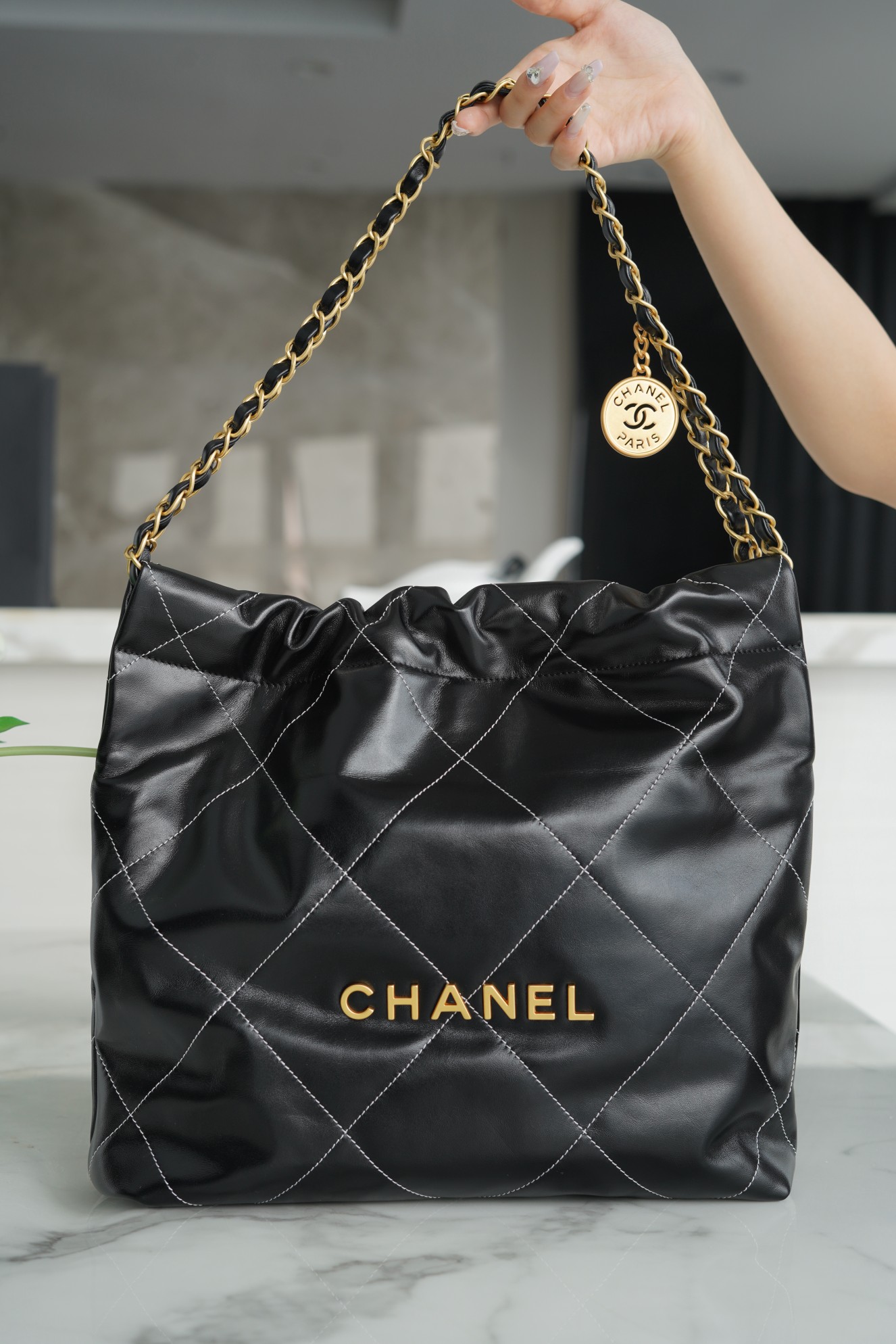 Chanel 22P 22 Bag Small Black and Gold with White Stripe Calfskin  