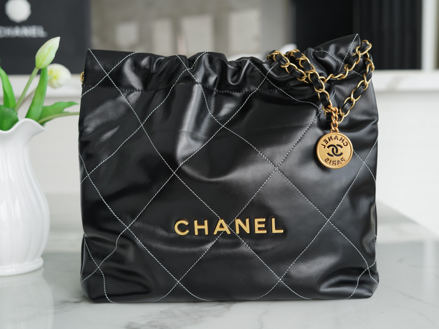 Chanel 22P 22 Bag Small Black and Gold with White Stripe Calfskin  