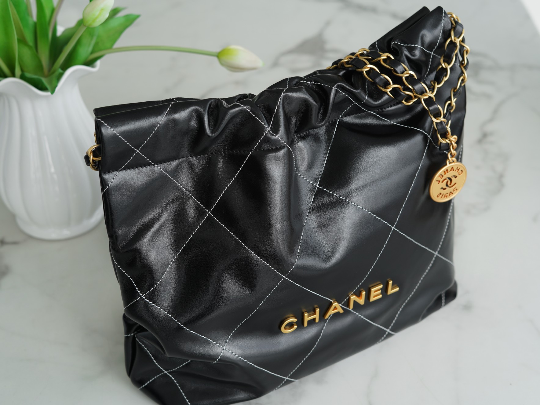 Chanel 22P 22 Bag Small Black and Gold with White Stripe Calfskin  