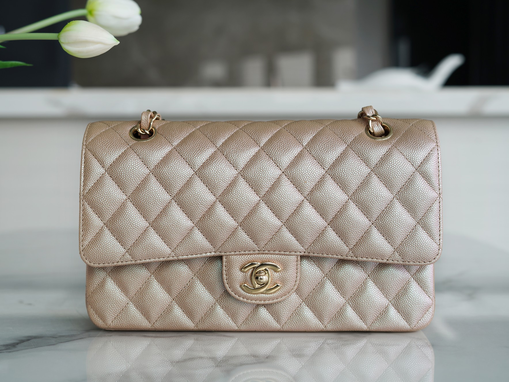 CF Classic Flap in Caviar Leather Medium Champagne Pink  