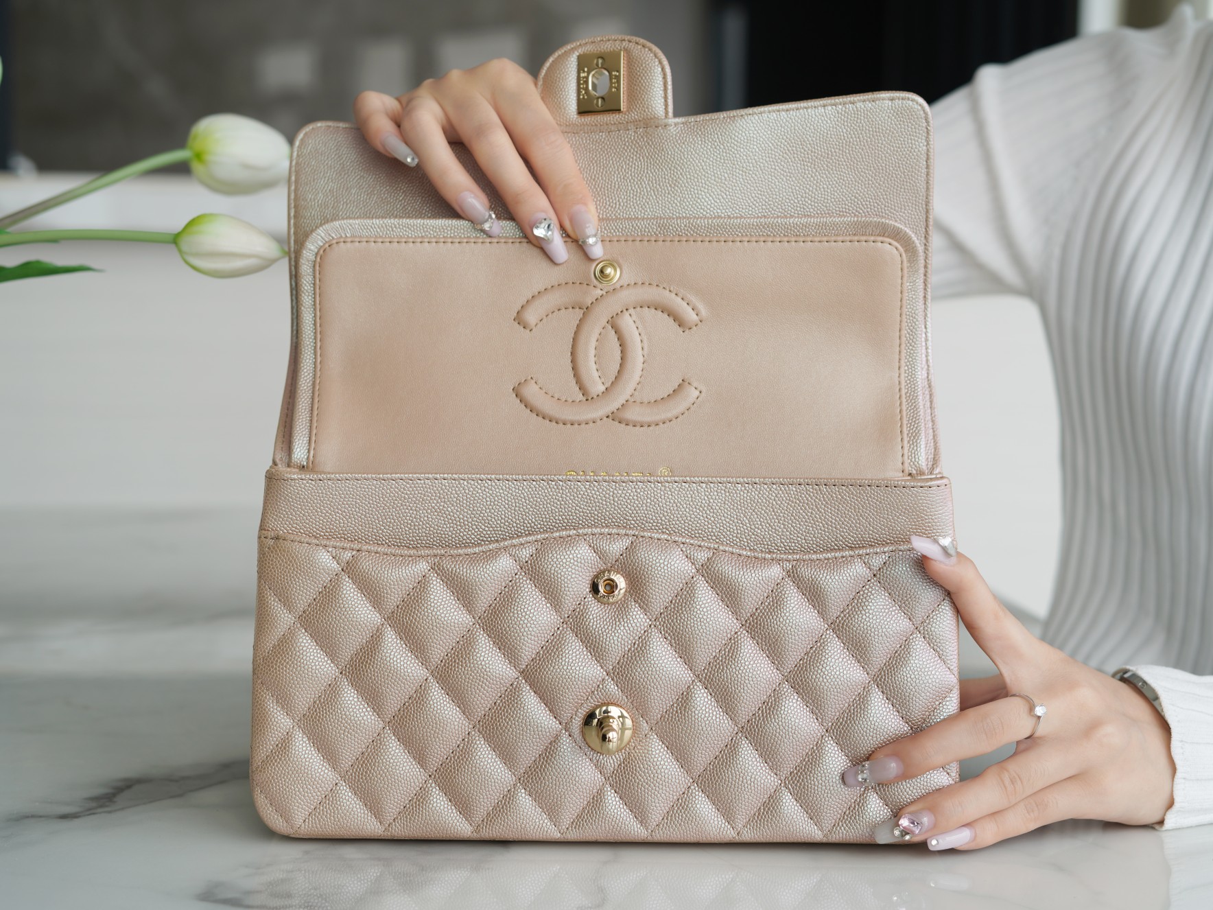 CF Classic Flap in Caviar Leather Medium Champagne Pink  