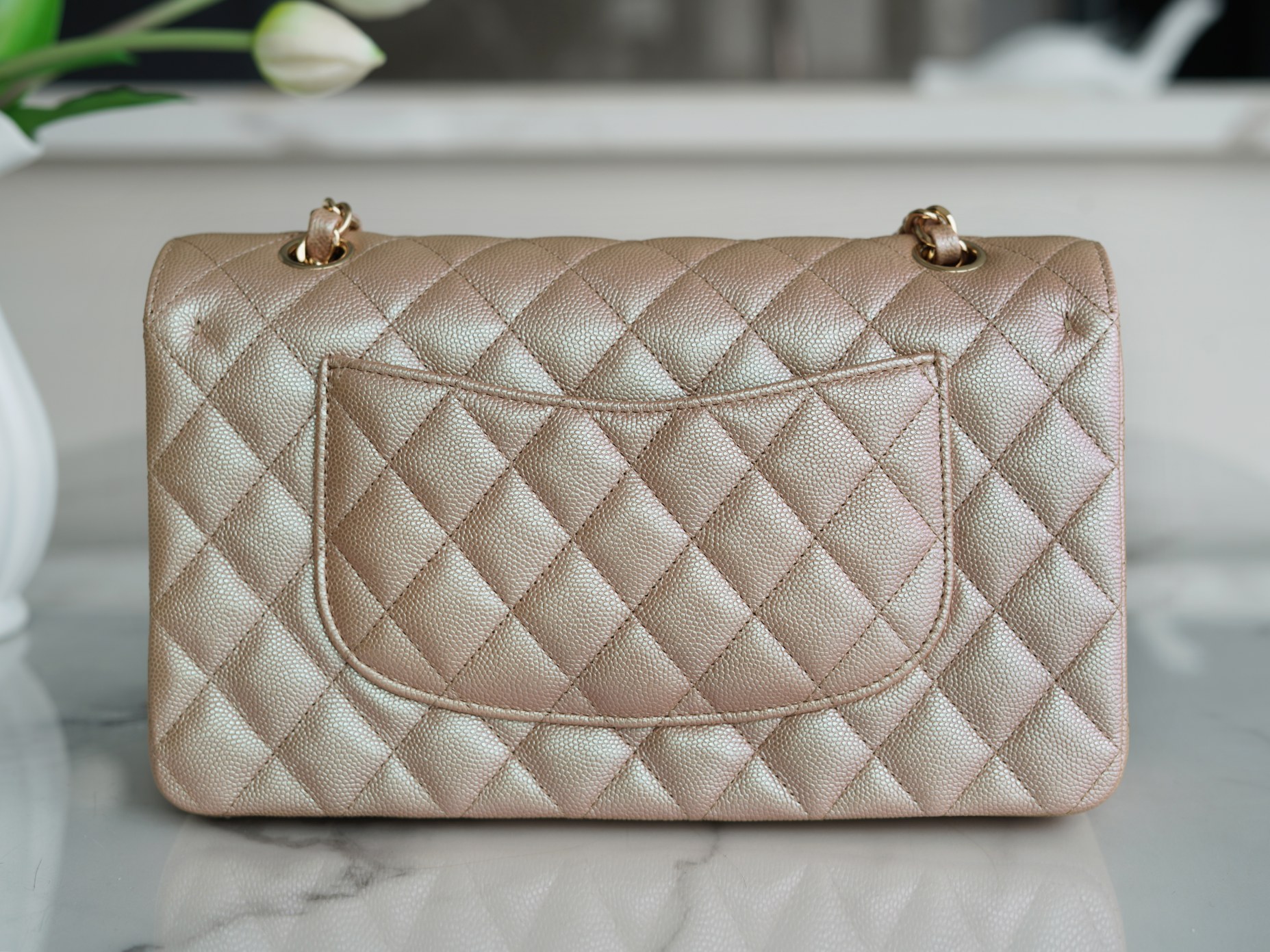 CF Classic Flap in Caviar Leather Medium Champagne Pink  