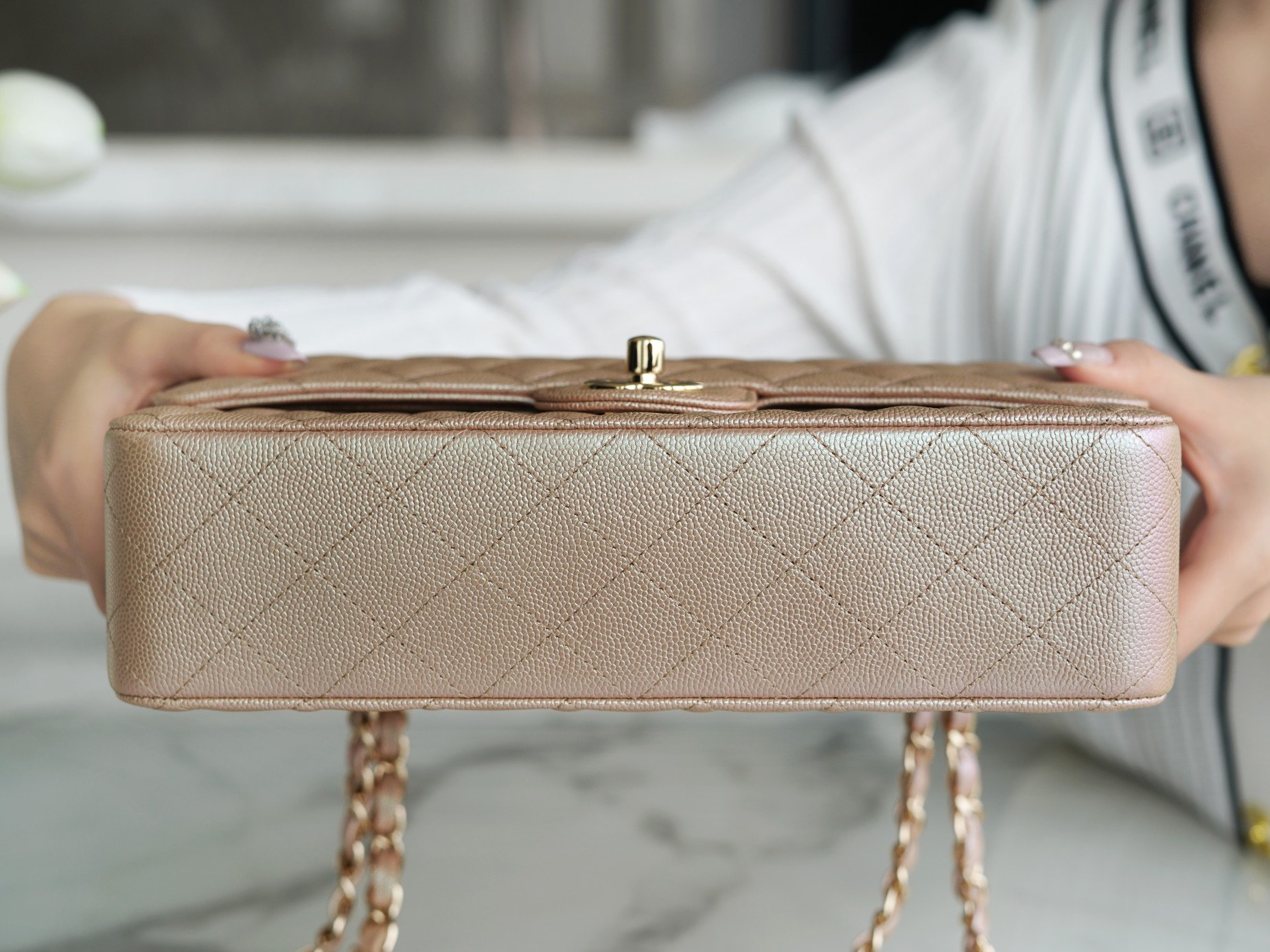 CF Classic Flap in Caviar Leather Medium Champagne Pink  