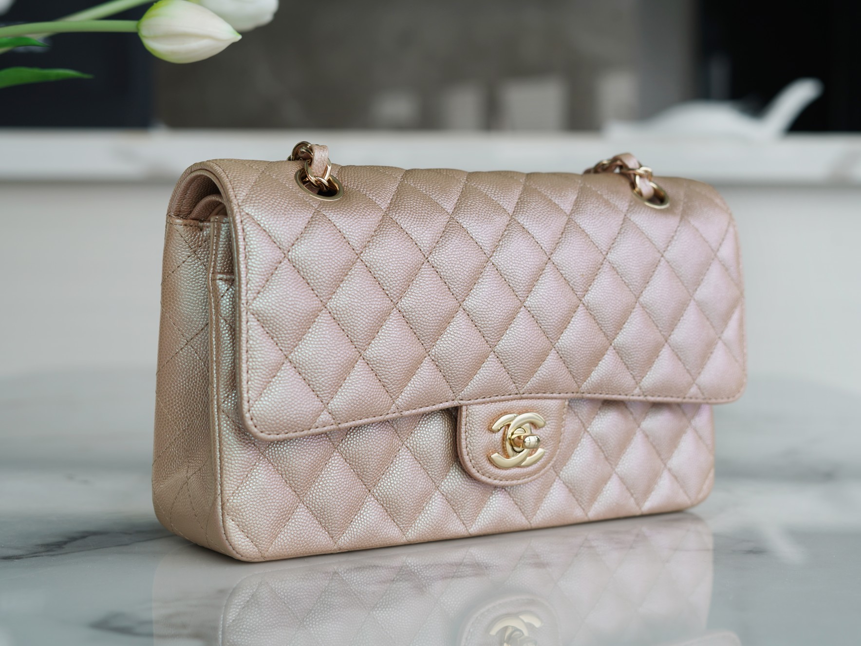 CF Classic Flap in Caviar Leather Medium Champagne Pink  