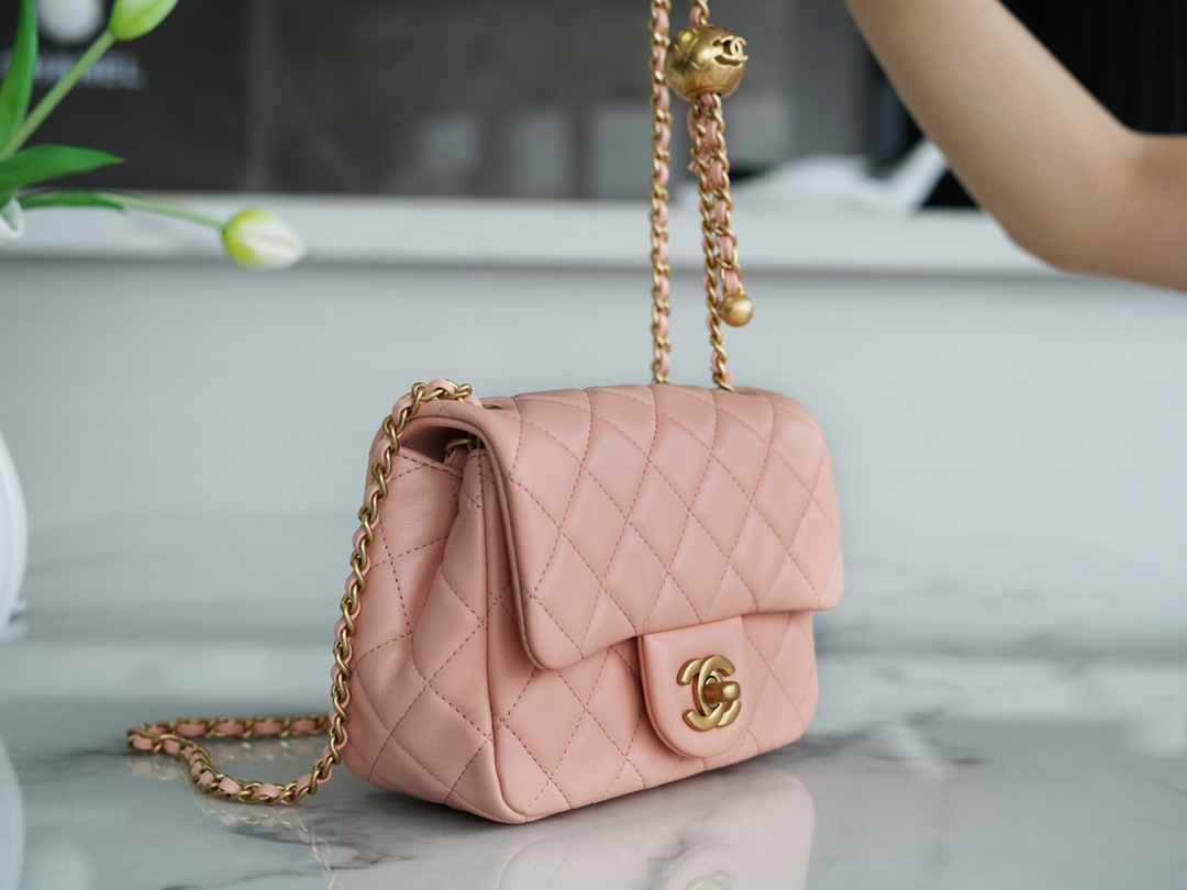 Chanel Metal Ball Square Bag Coral Pink Lambskin  