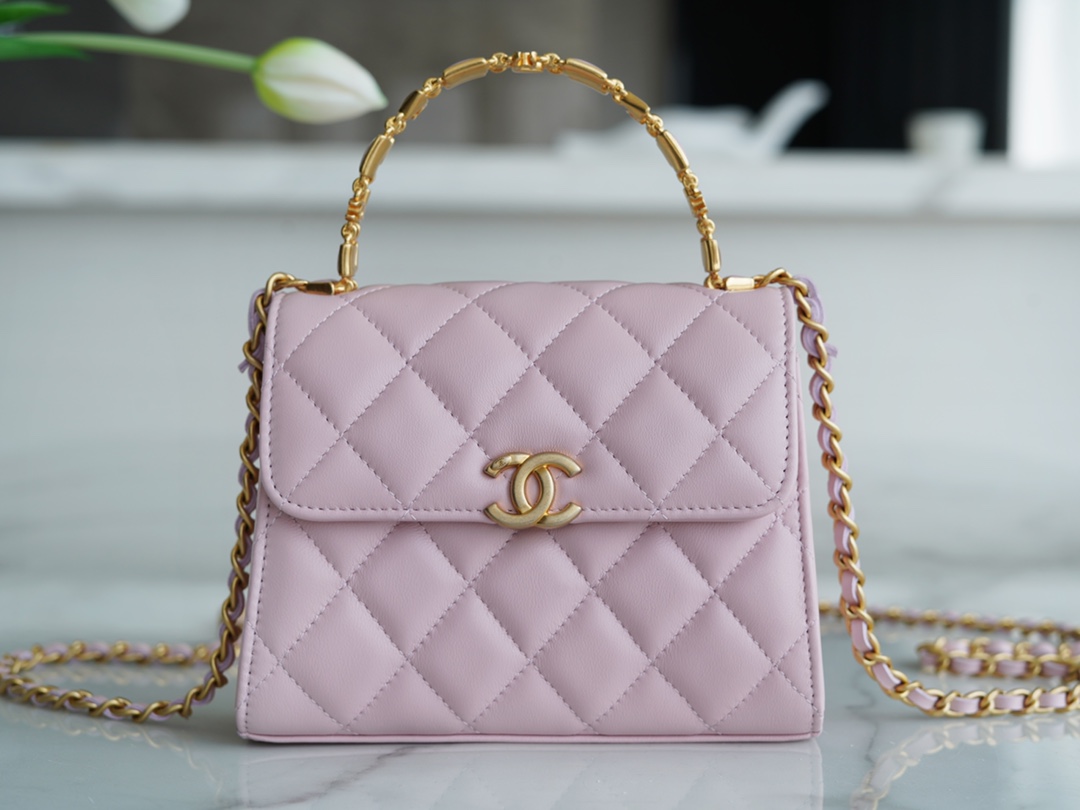 Chanel 22B Enamel Handle Chain Bag Medium Pink  