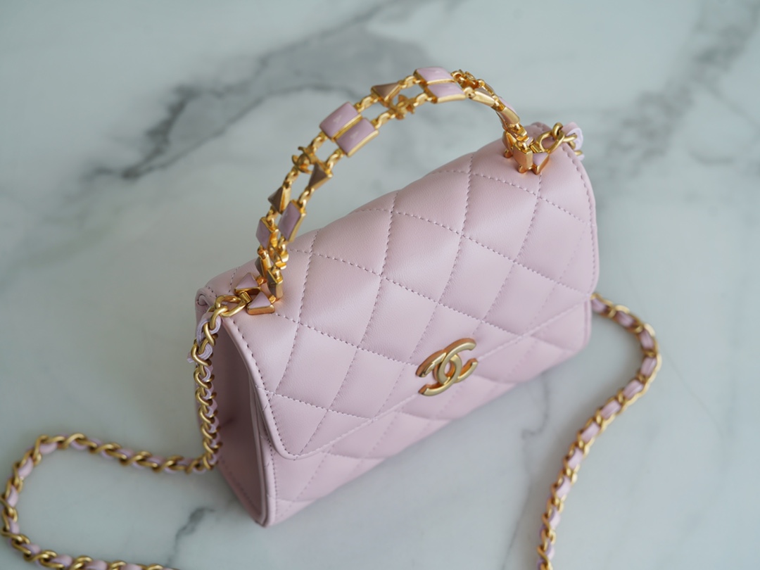 Chanel 22B Enamel Handle Chain Bag Medium Pink  