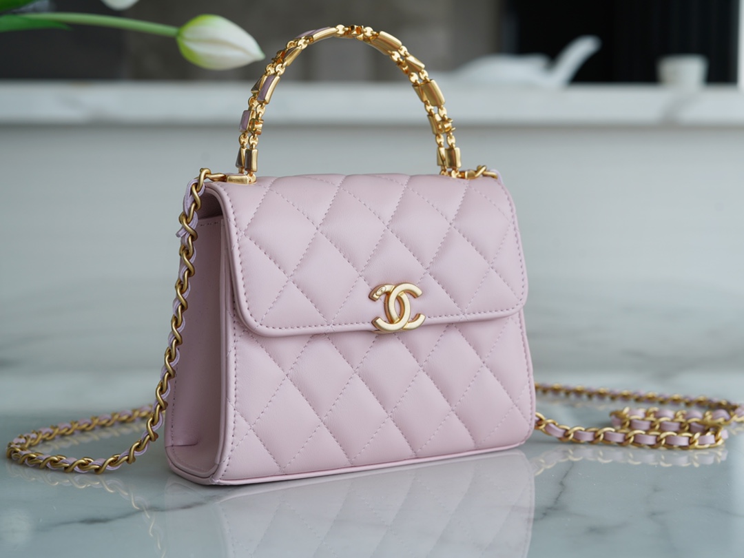 Chanel 22B Enamel Handle Chain Bag Medium Pink  