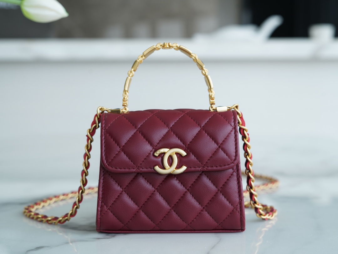 Chanel 22B Enamel Handle Chain Bag Small Wine Red  