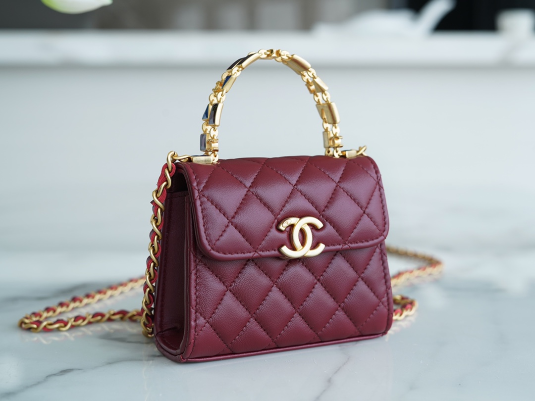 Chanel 22B Enamel Handle Chain Bag Small Wine Red  