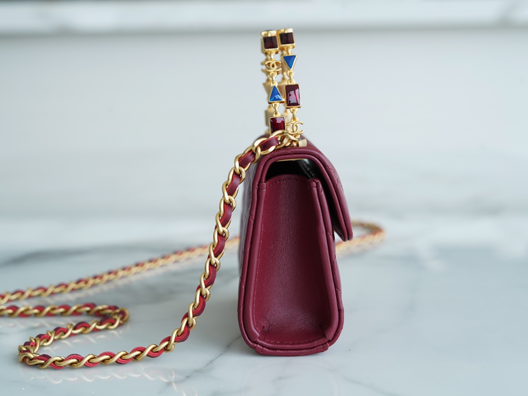 Chanel 22B Enamel Handle Chain Bag Small Wine Red  