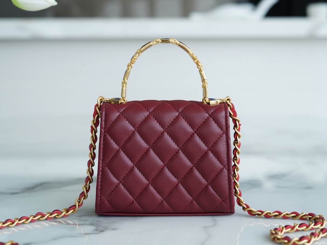 Chanel 22B Enamel Handle Chain Bag Small Wine Red  