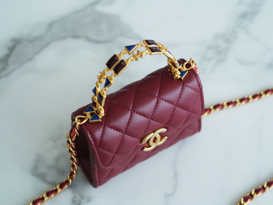 Chanel 22B Enamel Handle Chain Bag Small Wine Red  