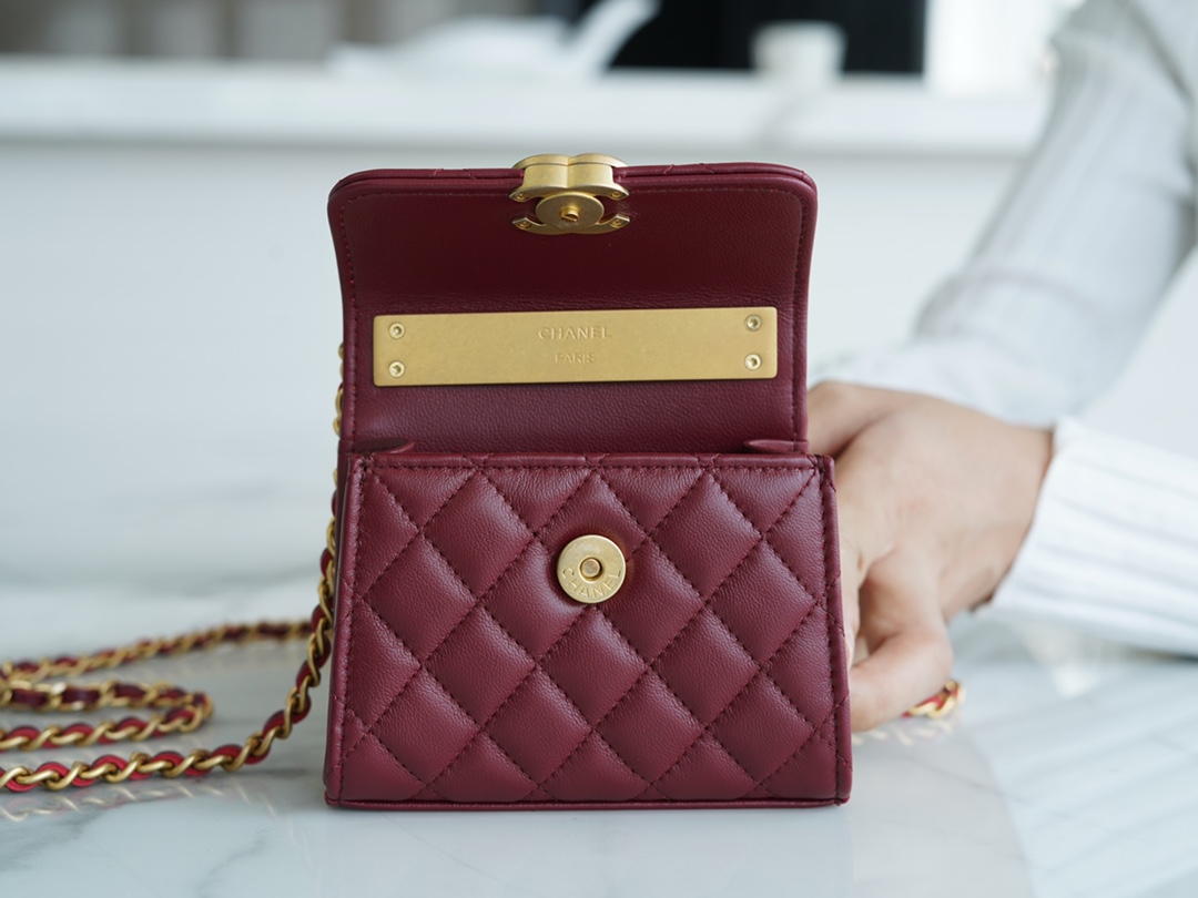 Chanel 22B Enamel Handle Chain Bag Small Wine Red  