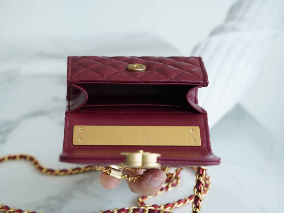 Chanel 22B Enamel Handle Chain Bag Small Wine Red  